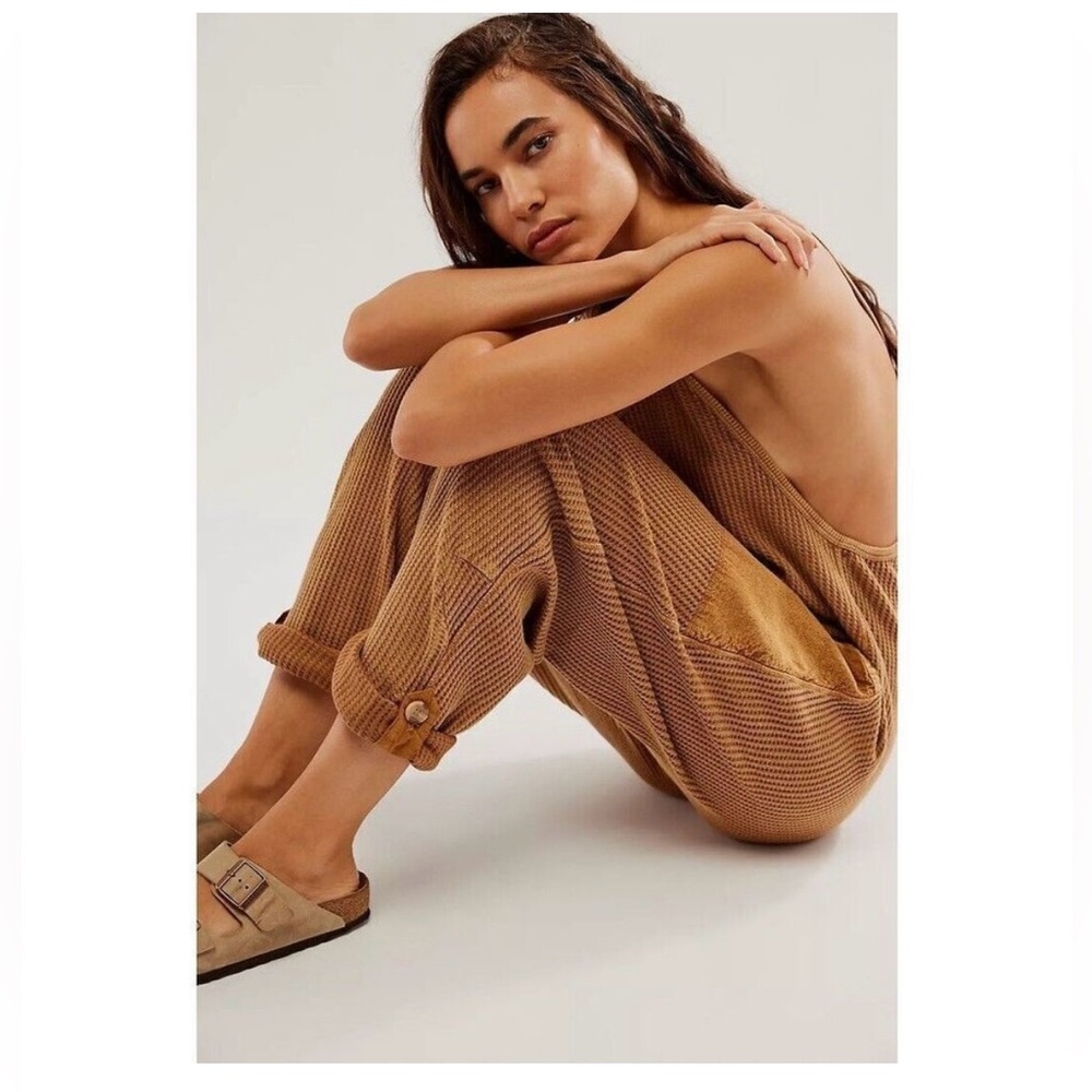 Free People FP One Frankie Jumpsuit Mustard Waffle Knit- Medium - Picture 2 of 4